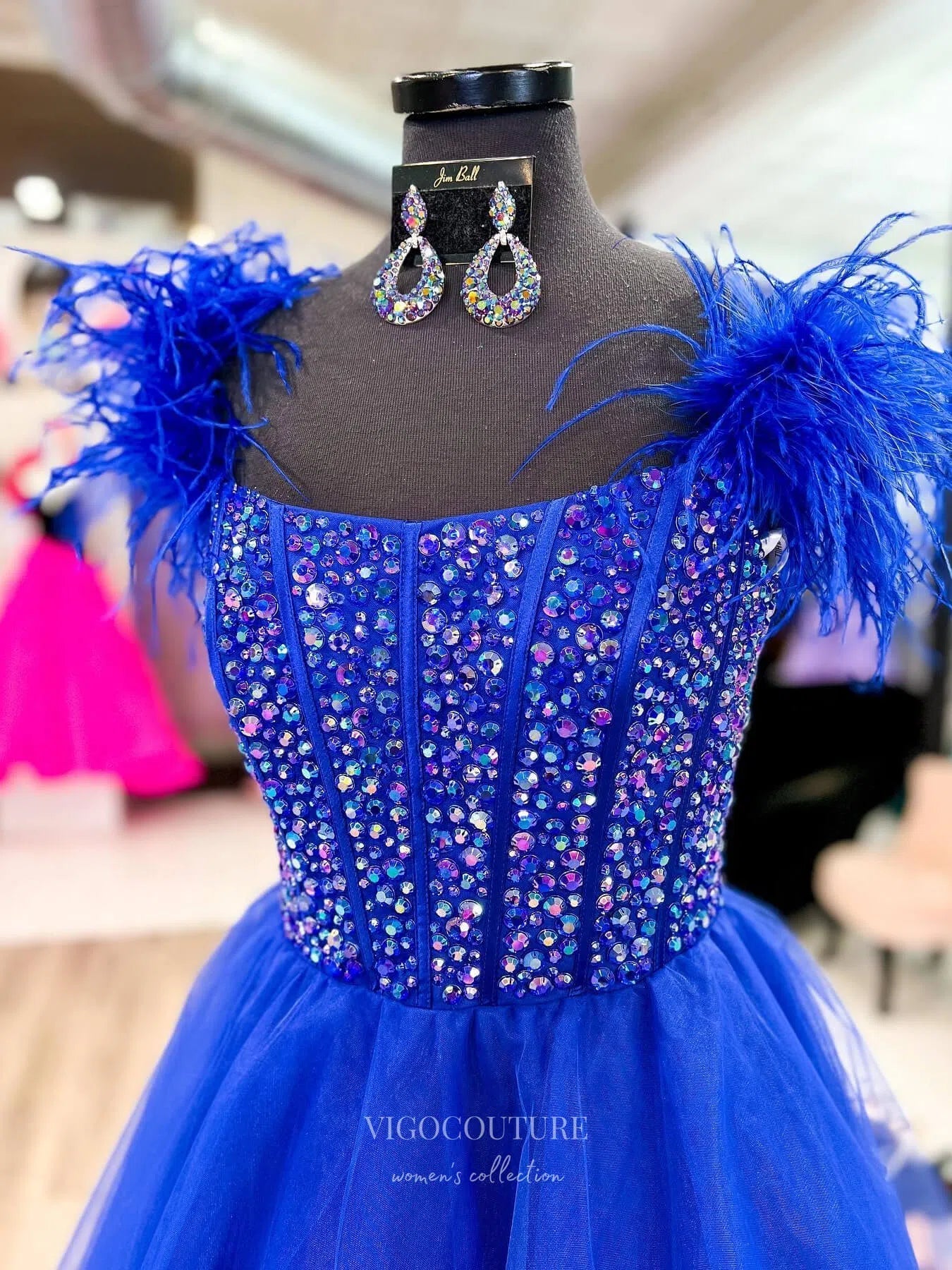 Prom Dress 2025 Blue Pearl Boned Bodice Prom Dresses Feather Strap Tulle Gown 24168-unique elegant Prom Dresses-Blue-Custom Size-vigocouture