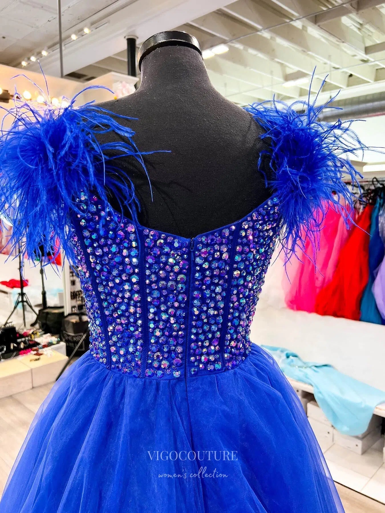 Prom Dress 2025 Blue Pearl Boned Bodice Prom Dresses Feather Strap Tulle Gown 24168-unique elegant Prom Dresses-Blue-Custom Size-vigocouture