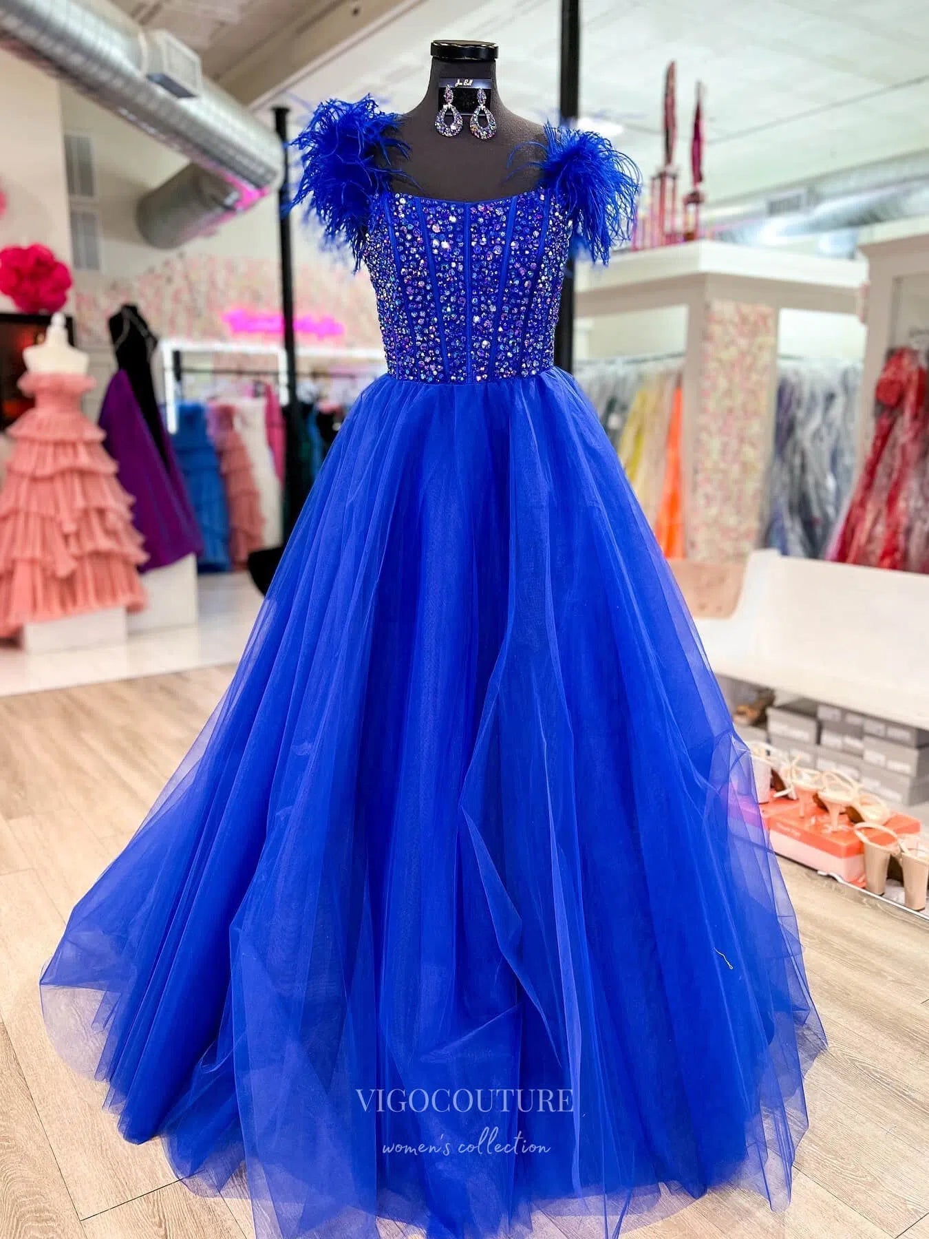 Blue Pearl Boned Bodice Prom Dresses Feather Strap Tulle Gown 24168 – vigocouture