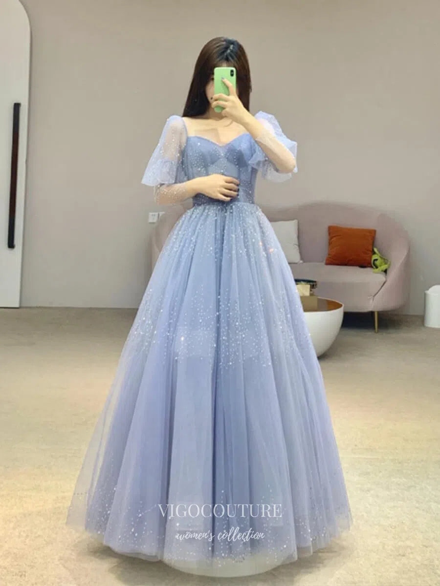 puffy sleeve prom dress long sweetheart tulle ball gown Unique sweetheart neck tulle long prom dress puff sleeves long formal