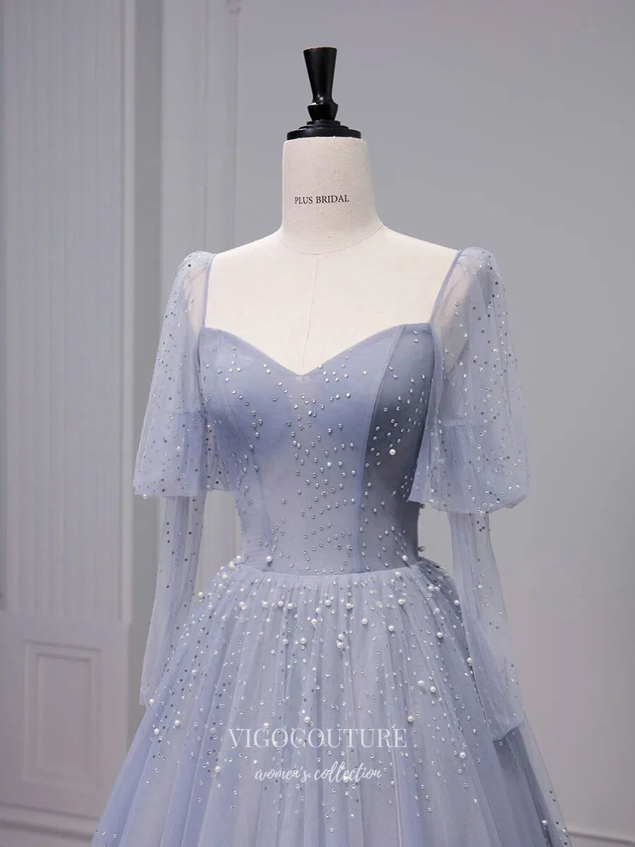 Prom Dress 2025 Blue Puffed Sleeve Sweetheart Prom Dresses 2025 Pearl Tulle Formal Dress 25060-unique elegant Prom Dresses-Blue-Custom Size-vigocouture