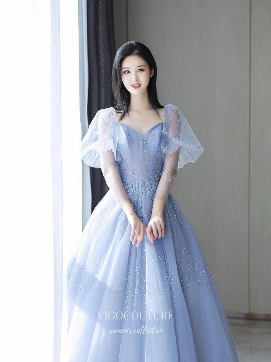 Blue Puffed Sleeve Sweetheart Prom Dresses 2025 Pearl Tulle Formal Dre vigocouture Blue Puffed Sleeve Sweetheart Prom Dresses 2025 Pearl Tulle Formal Dre vigocouture
