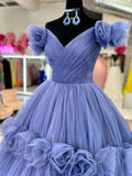 Prom Dress 2025 Blue Rose Blossom Prom Dresses Off the Shoulder Pleated Tulle 24215-unique elegant Prom Dresses-Blue-Custom Size-vigocouture