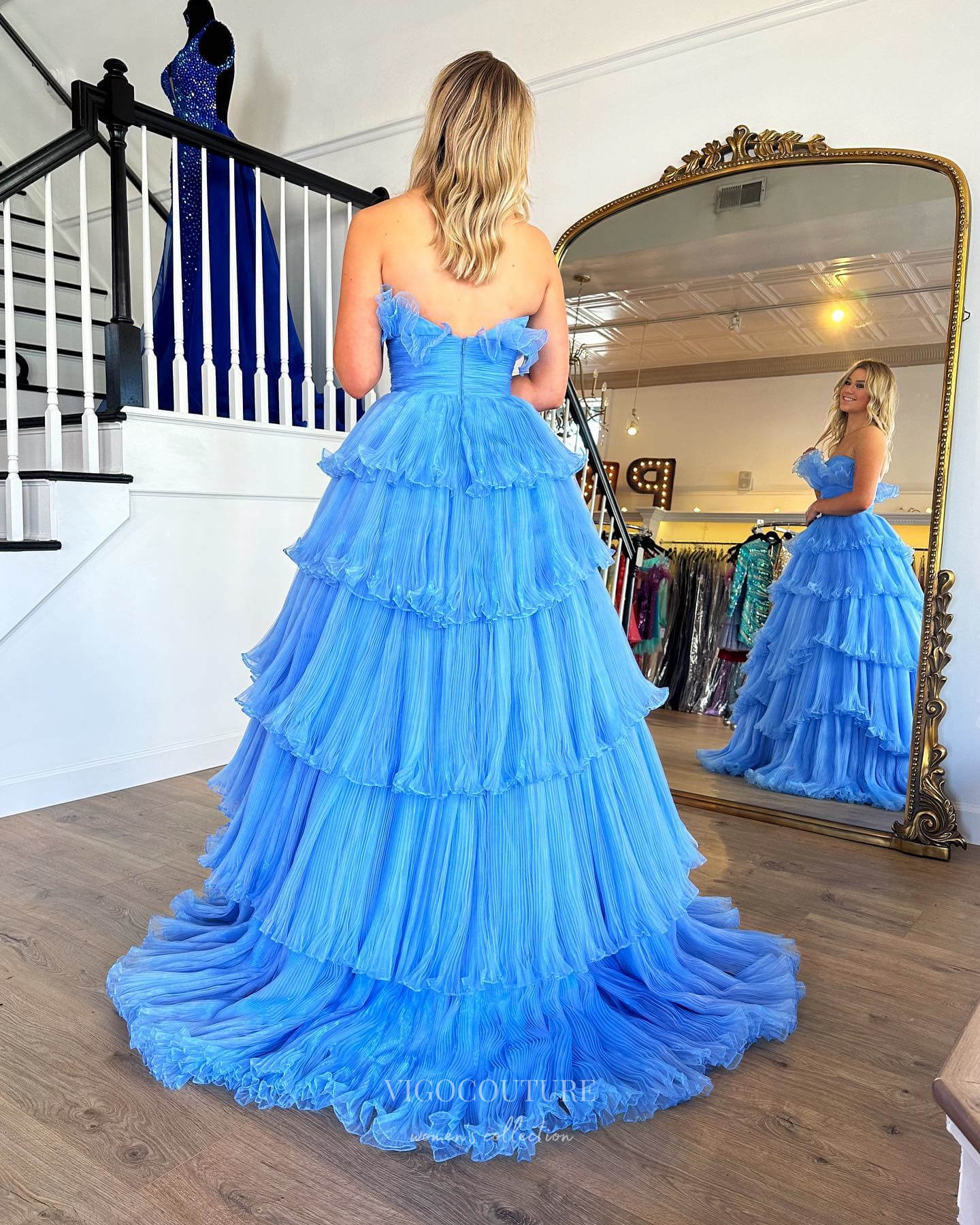 Prom Dress 2025 Blue Ruffled Prom Dresses Strapless Tiered Formal Dress 24019-unique elegant Prom Dresses-Blue-Custom Size-vigocouture