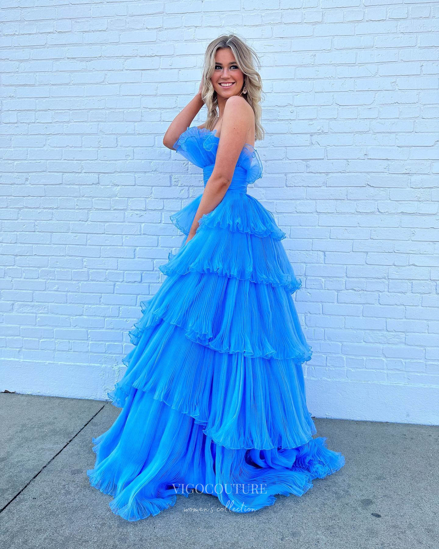 Prom Dress 2025 Blue Ruffled Prom Dresses Strapless Tiered Formal Dress 24019-unique elegant Prom Dresses-Blue-Custom Size-vigocouture