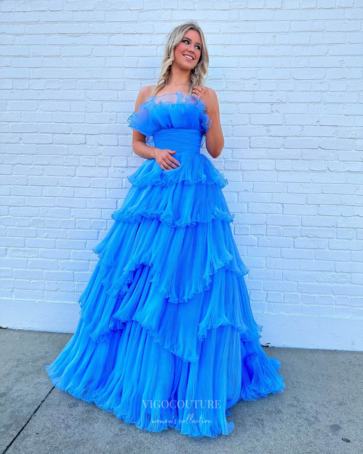 plus size blue formal dresses Blue Ruffled Prom Dresses Strapless Tiered Formal Dress 24019 Blue / 20W