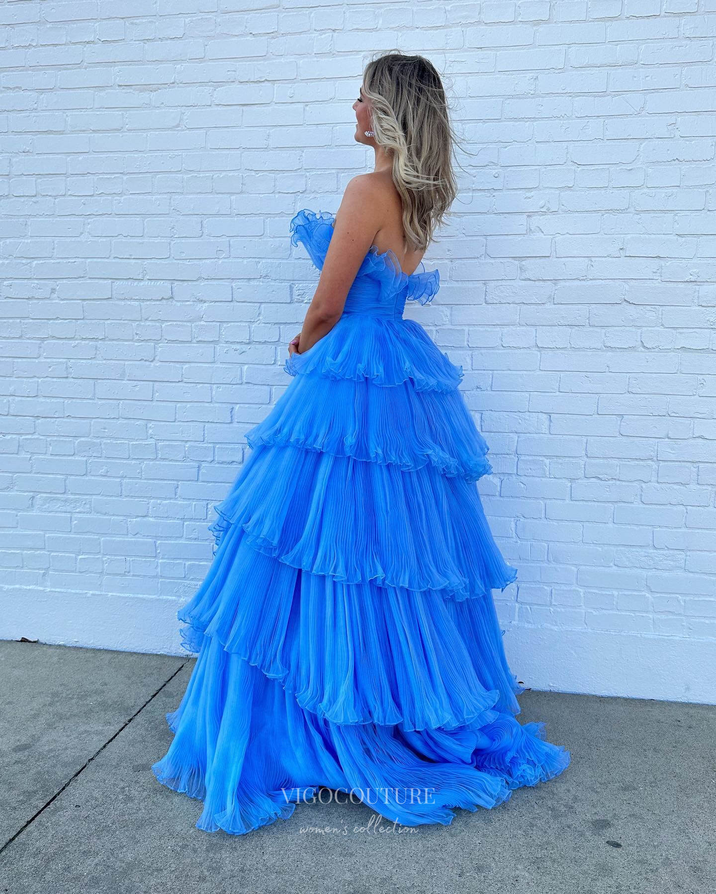 Prom Dress 2025 Blue Ruffled Prom Dresses Strapless Tiered Formal Dress 24019-unique elegant Prom Dresses-Blue-Custom Size-vigocouture