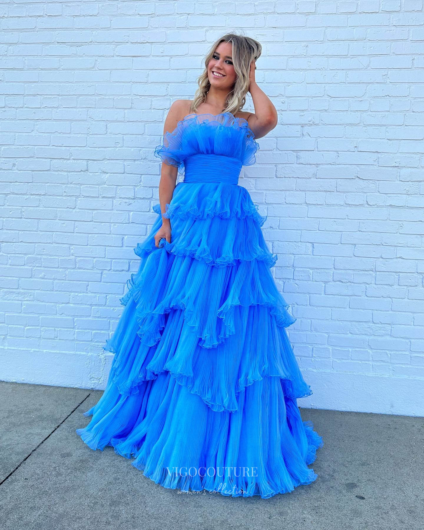 Prom Dress 2025 Blue Ruffled Prom Dresses Strapless Tiered Formal Dress 24019-unique elegant Prom Dresses-Blue-Custom Size-vigocouture