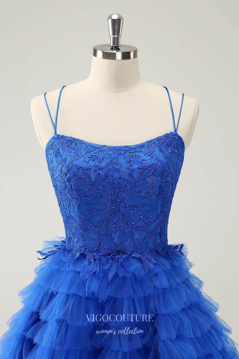 Short Prom Dresses 2025 Blue Ruffled Spaghetti Strap Homecoming Dresses Beaded Lace Back to School Dress hc397-Prom Dresses-vigocouture-vigocouture