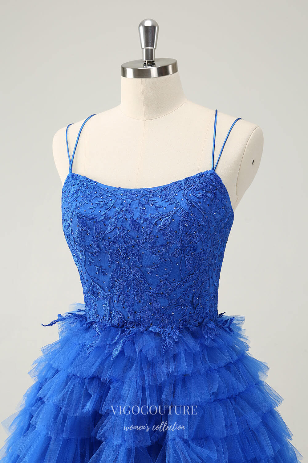 Short Prom Dresses 2025 Blue Ruffled Spaghetti Strap Homecoming Dresses Beaded Lace Back to School Dress hc397-Prom Dresses-vigocouture-vigocouture