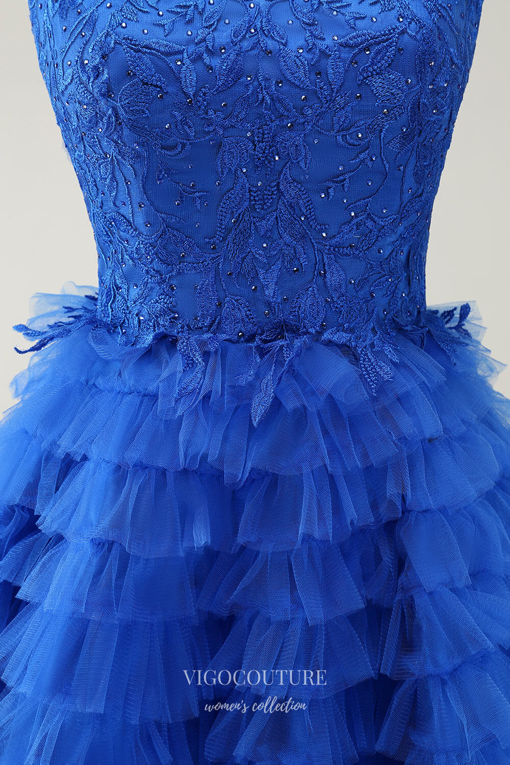 Short Prom Dresses 2025 Blue Ruffled Spaghetti Strap Homecoming Dresses Beaded Lace Back to School Dress hc397-Prom Dresses-vigocouture-vigocouture