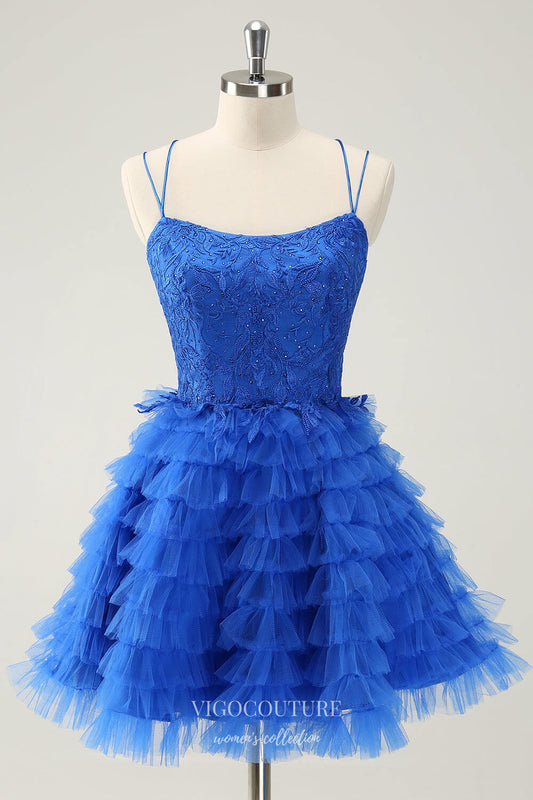 Short Prom Dresses 2025 Blue Ruffled Spaghetti Strap Homecoming Dresses Beaded Lace Back to School Dress hc397-Prom Dresses-vigocouture-Blue-Custom Size-vigocouture