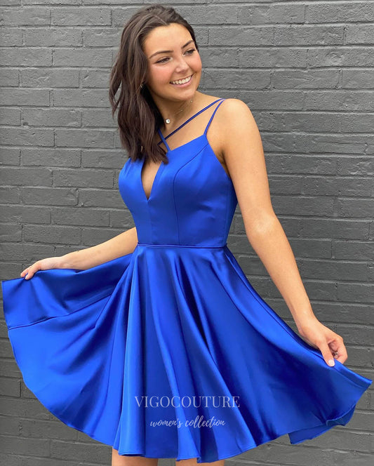 Short Prom Dresses 2025 Blue Satin Homecoming Dress Spaghetti Strap Graduation Dress hc286-Prom Dresses-vigocouture-Blue-US0-vigocouture