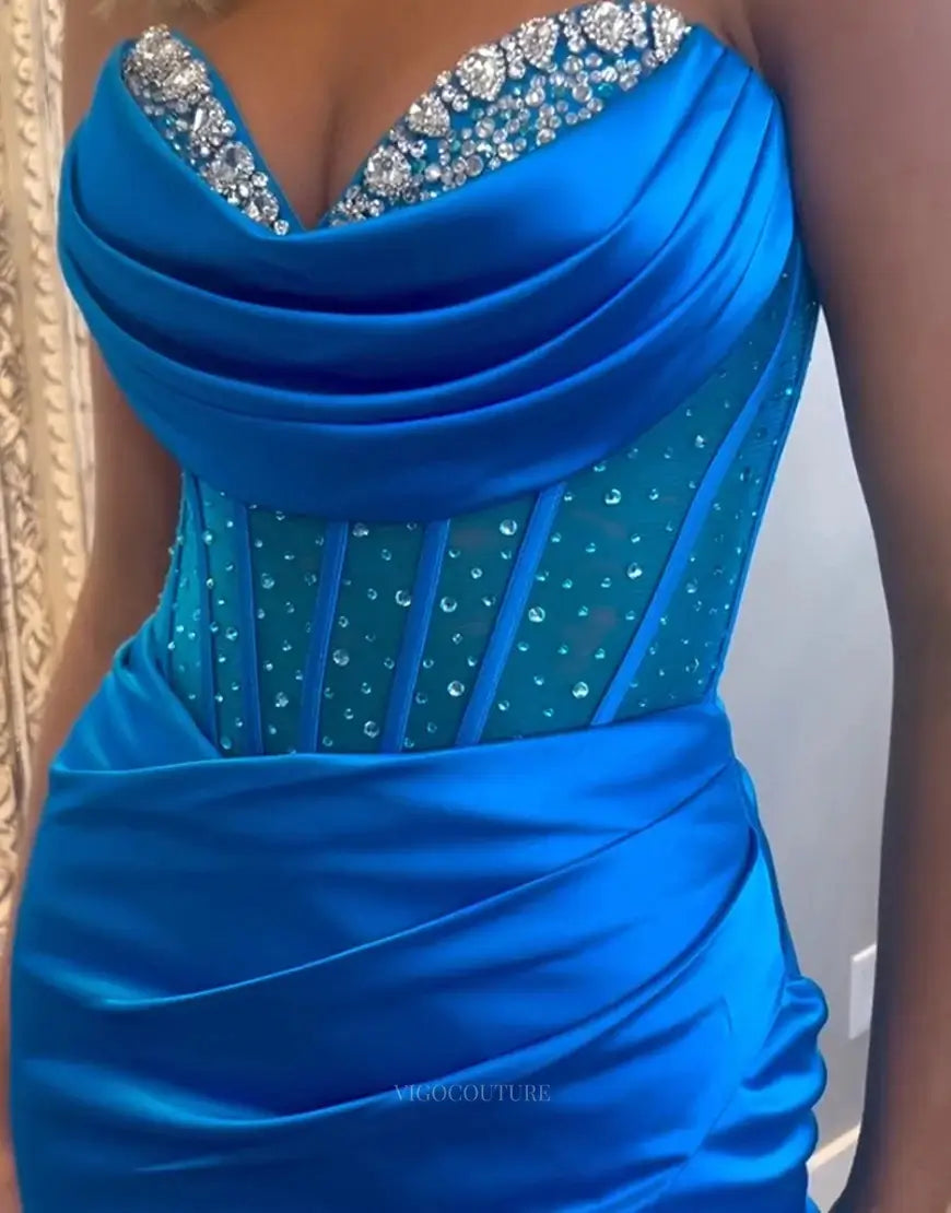 Prom Dresses 2025 to impress Blue Satin Mermaid Prom Dresses 2025 Beaded Sweetheart Neck Formal Dresses with Slit – 25151-vigocouture-vigocouture