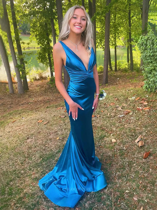 Prom Dresses 2025 to impress Blue Satin Mermaid Prom Dresses 2025 Plunging V-Neck Pleated Formal Dresses – 25148-vigocouture-Blue-Custom Size-vigocouture