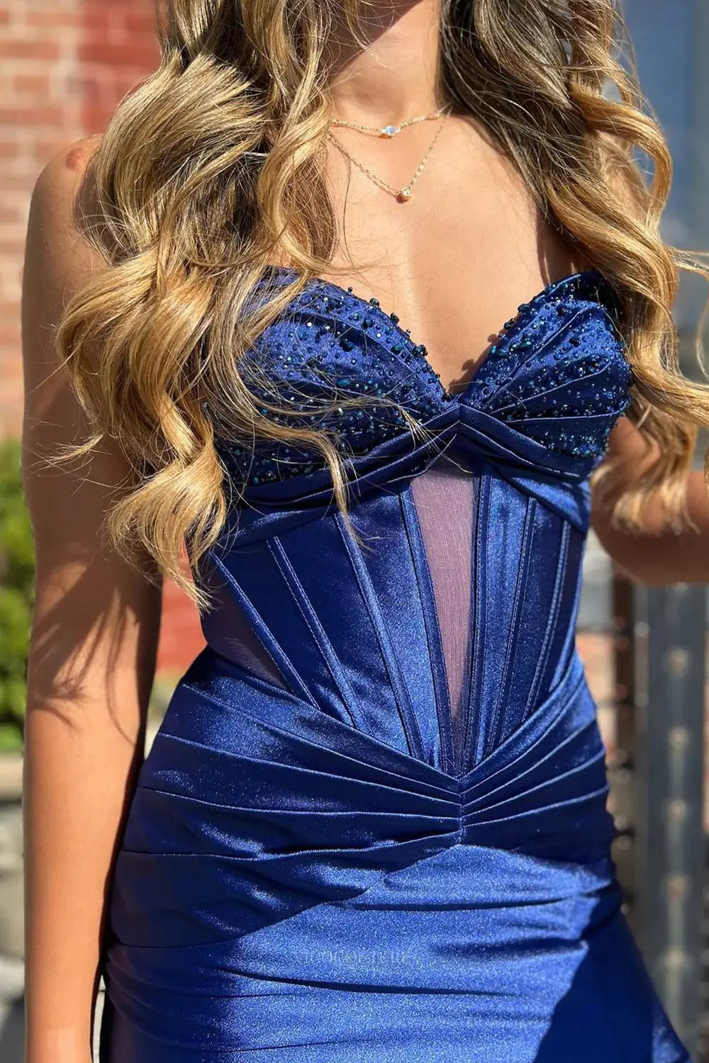 Prom Dresses 2025 to impress Blue Satin Mermaid Prom Dresses 2025 Spaghetti Strap Formal Dresses with Slit – 25121-vigocouture-vigocouture