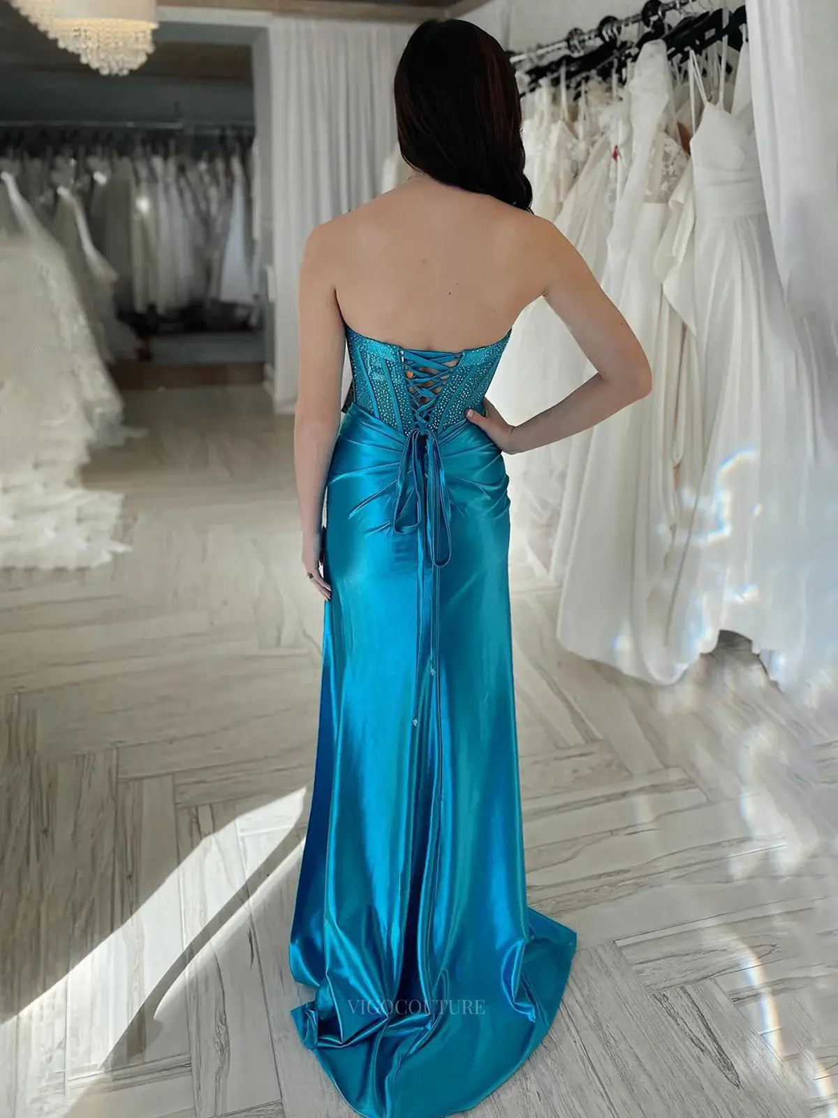 Prom Dresses 2025 to impress Blue Satin Mermaid Prom Dresses 2025 Strapless Beaded Formal Dresses with Slit – 25147-vigocouture-vigocouture