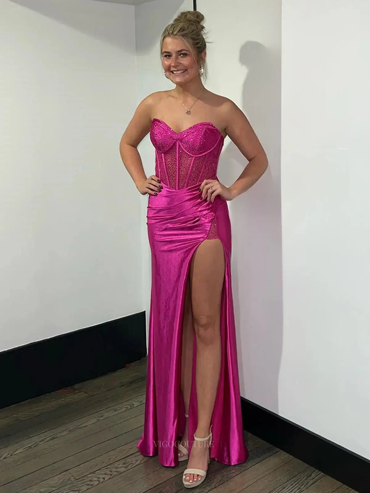 Prom Dresses 2025 to impress Blue Satin Mermaid Prom Dresses 2025 Strapless Beaded Formal Dresses with Slit – 25147-vigocouture-Fuchsia-Custom Size-vigocouture