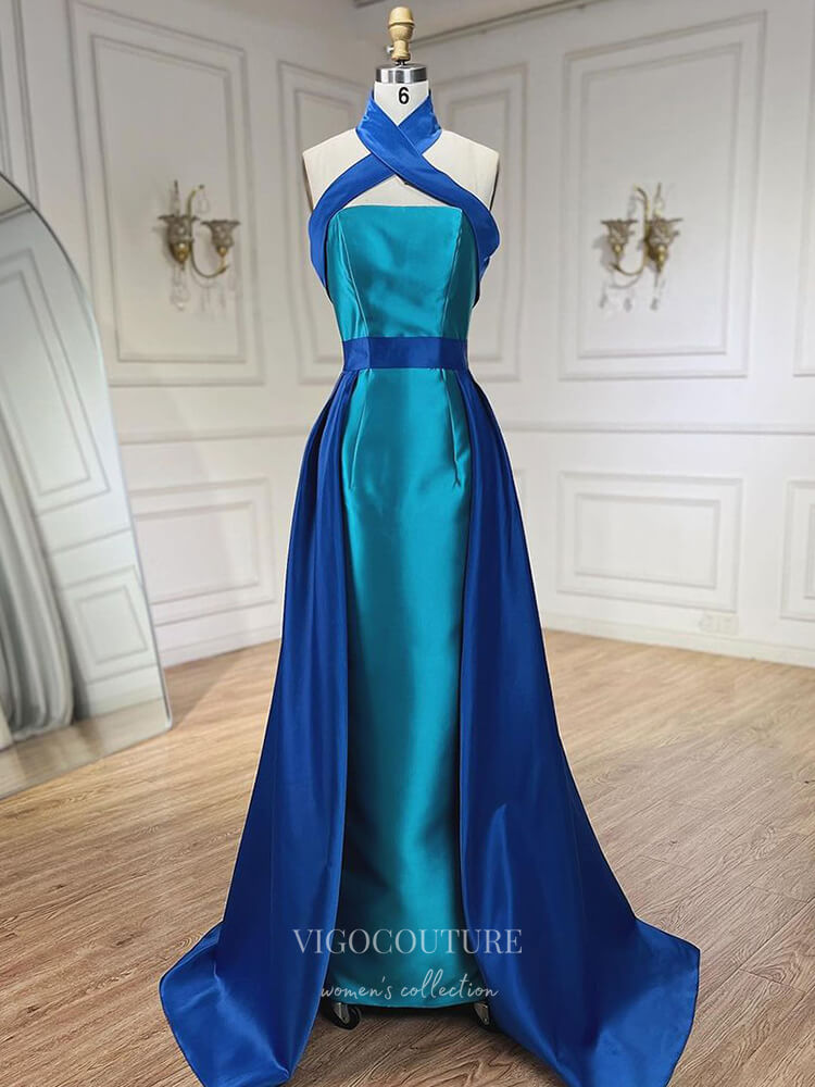 Blue Satin Mermaid Prom Dresses with Overskirt Halter Neck Formal Dres vigocouture Blue Satin Mermaid Prom Dresses with Overskirt Halter Neck Formal Dres vigocouture