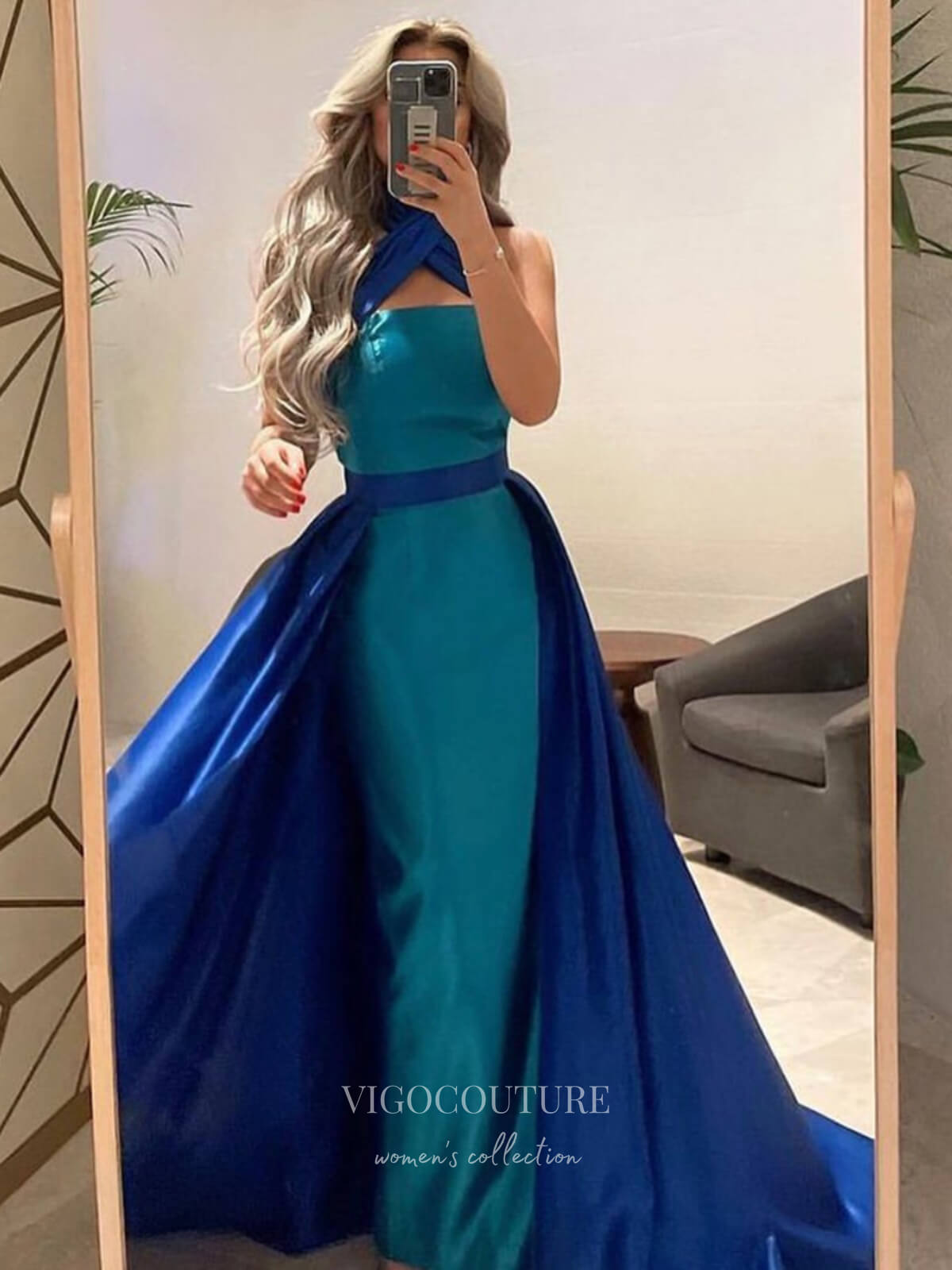 Prom Dress 2025 Blue Satin Mermaid Prom Dresses with Overskirt Halter Neck Formal Dress 24525-unique elegant Prom Dresses-Blue-US2-vigocouture