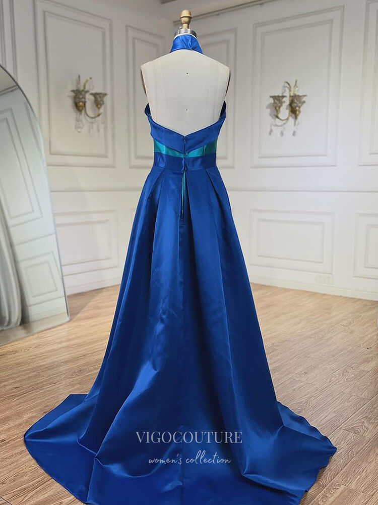 Blue Satin Mermaid Prom Dresses with Overskirt Halter Neck Formal Dress 24525 Blue / US8 Blue Satin Mermaid Prom Dresses with Overskirt Halter Neck Formal Dress 24525 Blue / US8