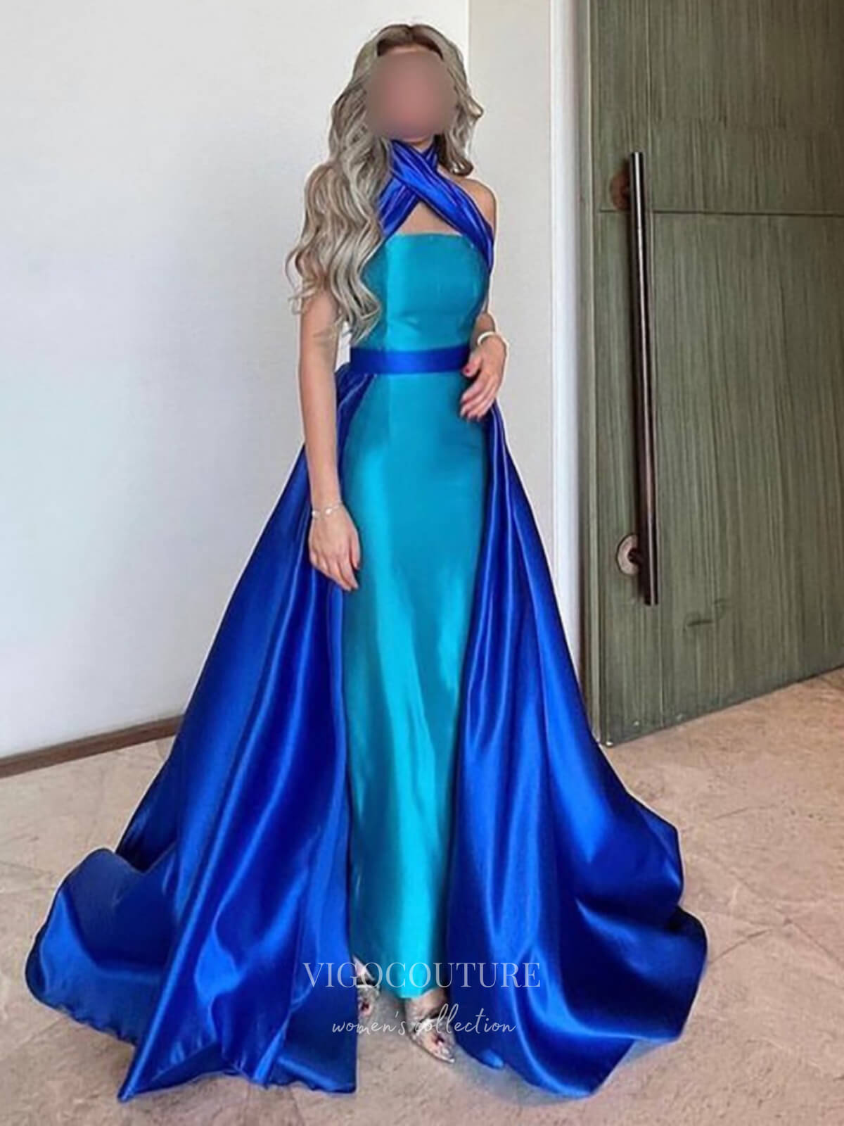 Blue Satin Mermaid Prom Dresses with Overskirt Halter Neck Formal Dress 24525 Blue / US8 Blue Satin Mermaid Prom Dresses with Overskirt Halter Neck Formal Dress 24525 Blue / US8