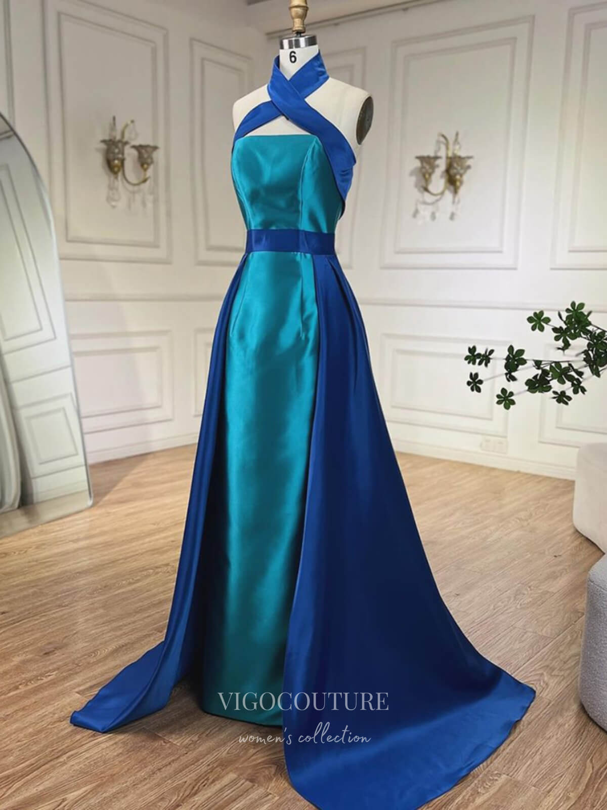 Prom Dress 2025 Blue Satin Mermaid Prom Dresses with Overskirt Halter Neck Formal Dress 24525-unique elegant Prom Dresses-Blue-US2-vigocouture