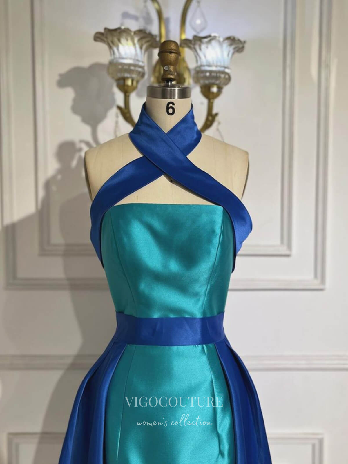 Blue Satin Mermaid Prom Dresses with Overskirt Halter Neck Formal Dress 24525 Blue / US8 Blue Satin Mermaid Prom Dresses with Overskirt Halter Neck Formal Dress 24525 Blue / US8