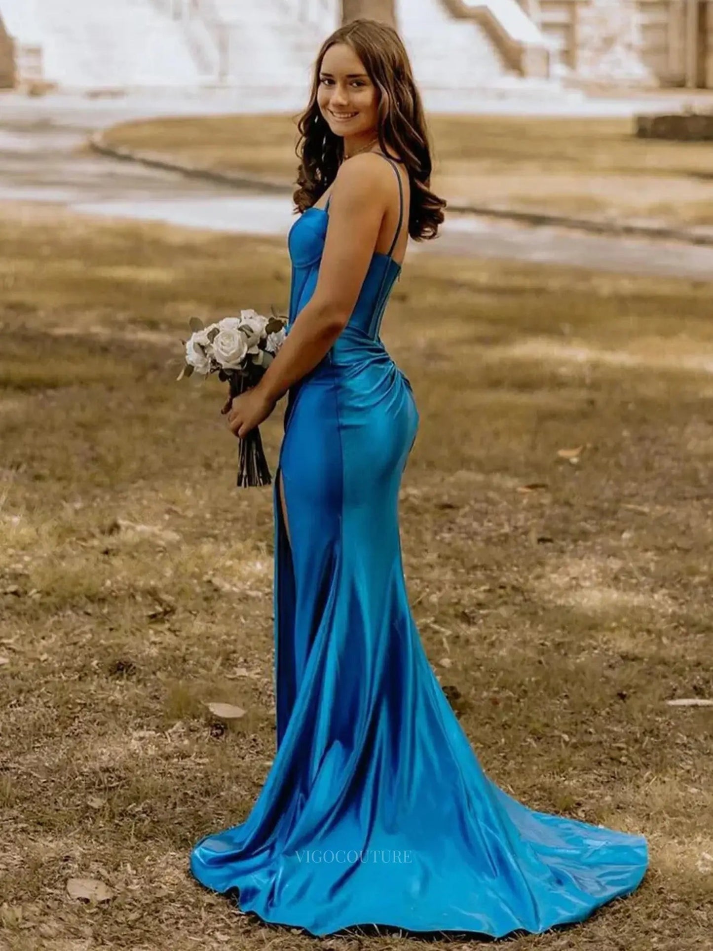 Prom Dresses 2025 to impress Blue Satin Mermiad Prom Dresses 2025 Spaghetti Strap Formal Dresses with Slit – 25143-vigocouture-vigocouture