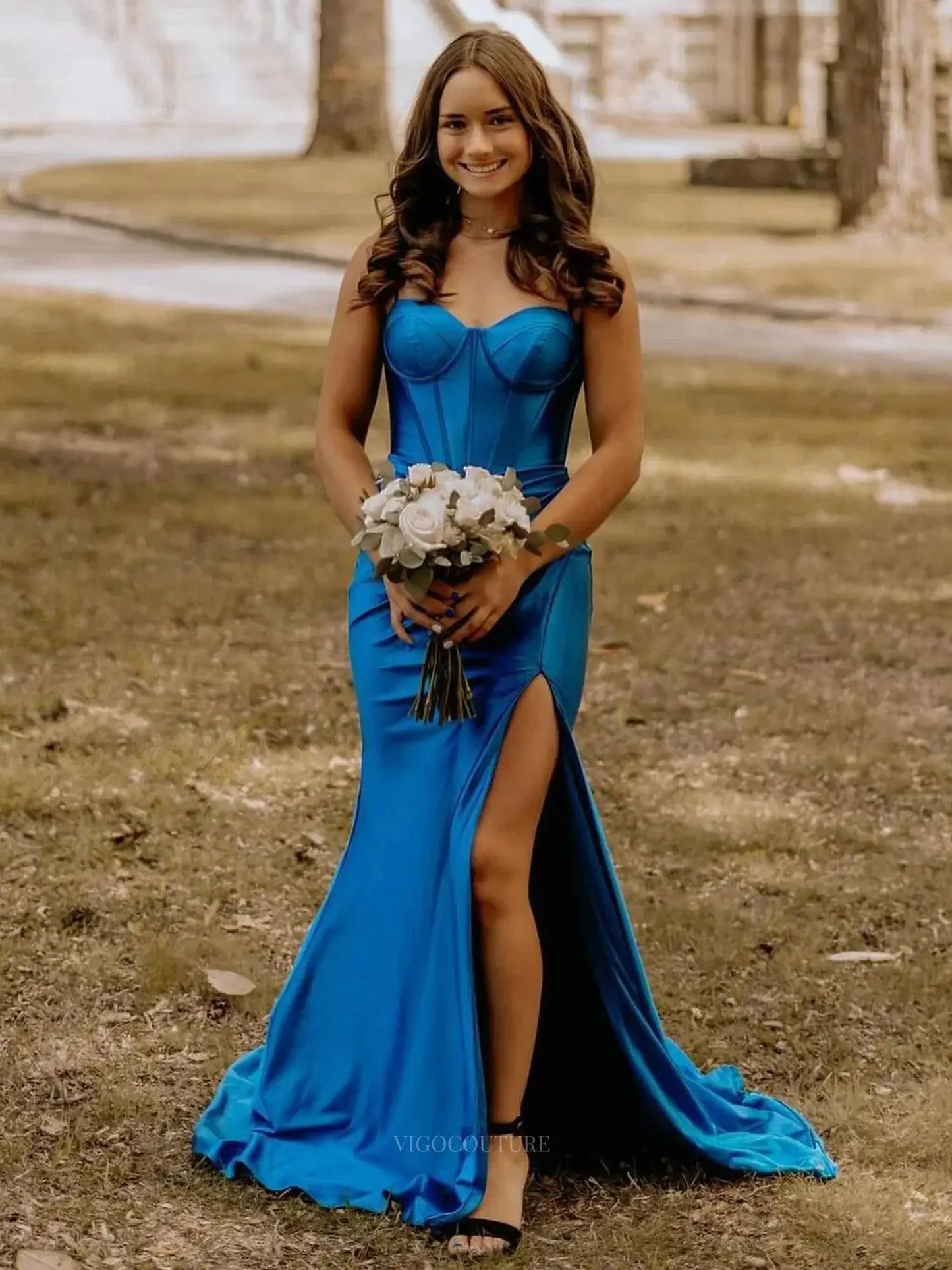 Prom Dresses 2025 to impress Blue Satin Mermiad Prom Dresses 2025 Spaghetti Strap Formal Dresses with Slit – 25143-vigocouture-Blue-Custom Size-vigocouture