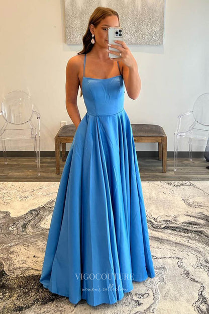 Blue Satin Prom Dress with Pockets and Spaghetti Strap 22226 vigocouture Blue Satin Prom Dress with Pockets and Spaghetti Strap 22226 vigocouture