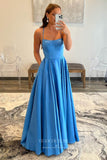 Prom Dress 2025 Blue Satin Prom Dress with Pockets and Spaghetti Strap 22226-unique elegant Prom Dresses-Blue-Custom Size-vigocouture