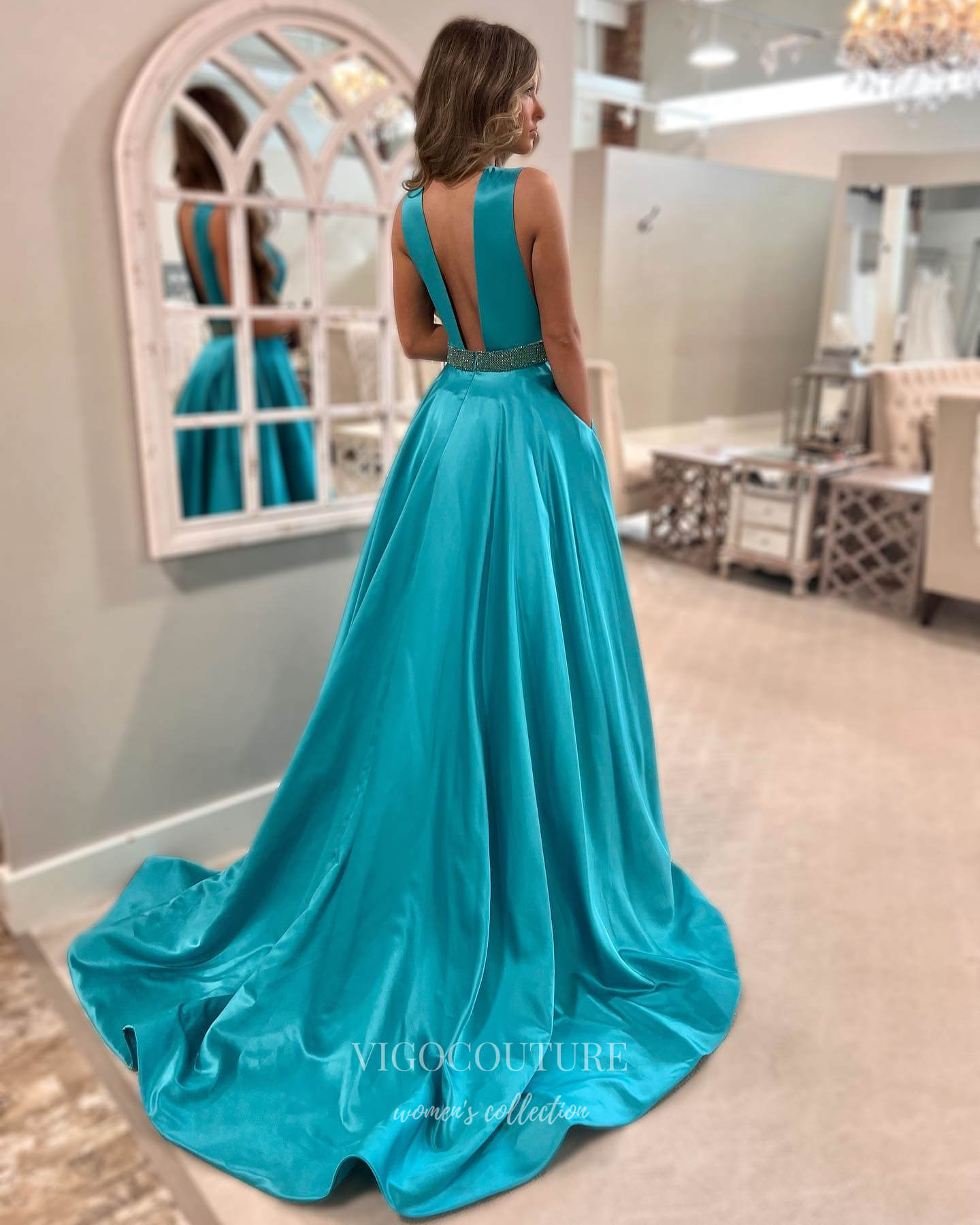 Prom Dress 2025 Blue Satin Prom Dresses Plunging V-Neck Evening Dress 21900-unique elegant Prom Dresses-Blue-US2-vigocouture