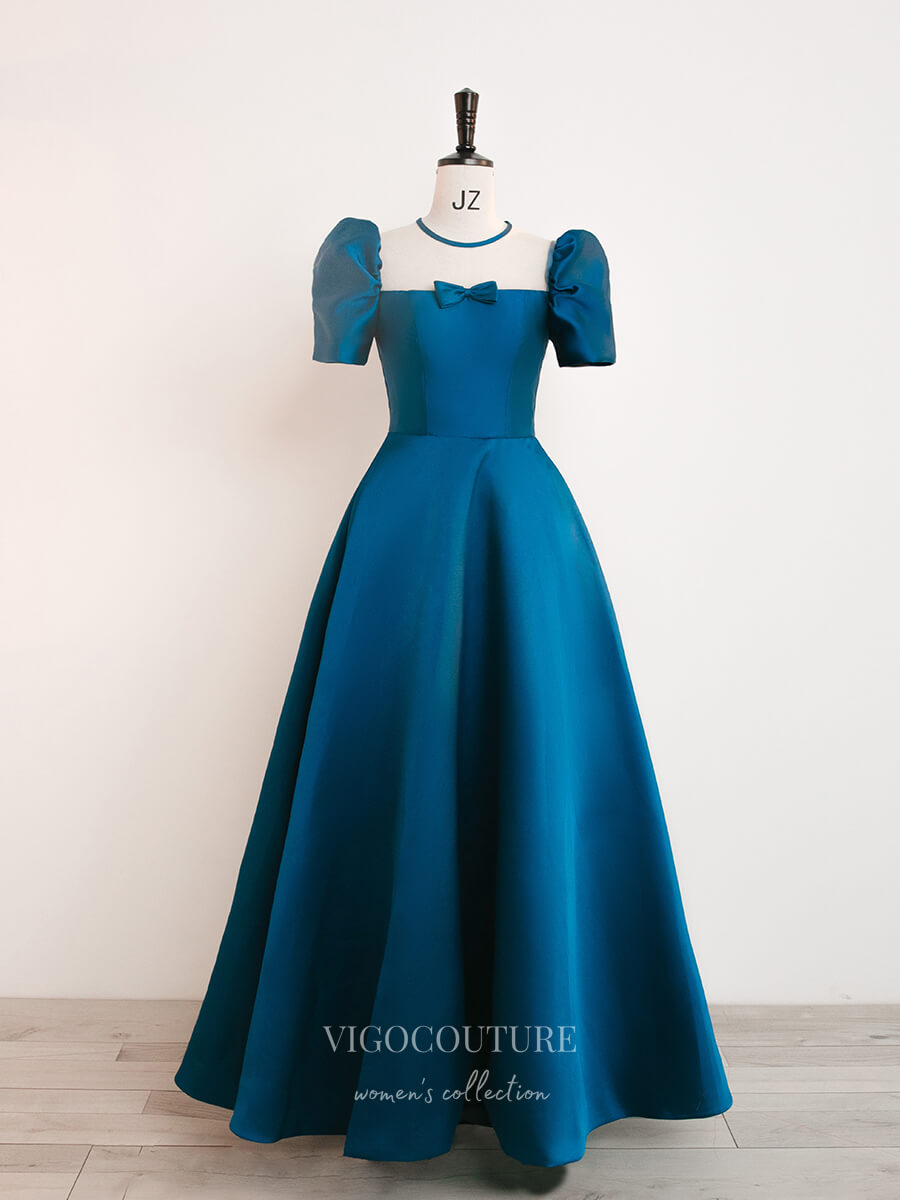 Prom Dress 2025 Blue Satin Prom Dresses Puffed Sleeve Formal Dresses 21030-unique elegant Prom Dresses-Blue-Custom Size-vigocouture