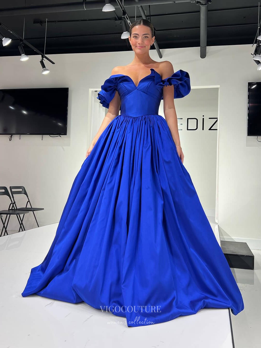 Prom Dress 2025 Blue Satin Prom Dresses Ruffle Off the Shoulder Formal Gown 24179-unique elegant Prom Dresses-Blue-Custom Size-vigocouture