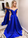 Prom Dress 2025 Blue Satin Prom Dresses with Pockets Off the Shoulder Formal Gown 20939-unique elegant Prom Dresses-Blue-US2-vigocouture