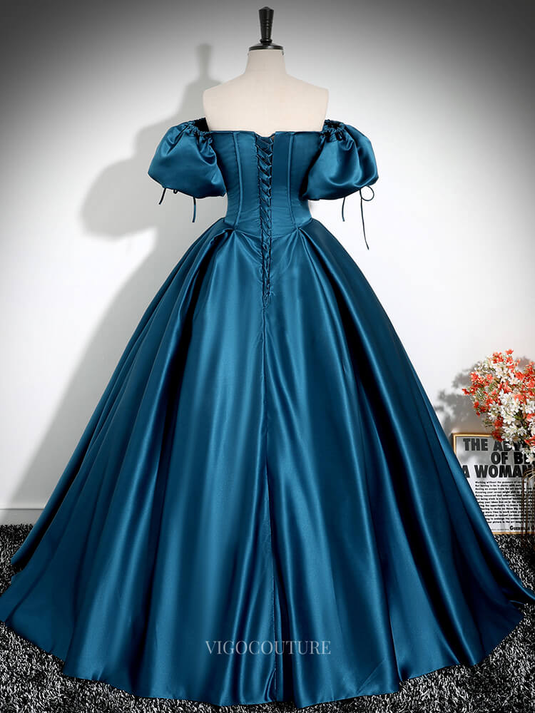 Prom Dresses 2025 to impress Blue Satin Prom Dresses with Puffed Sleeve, Sweetheart Neck, Bow, Quinceanera Dresses BG026-vigocouture-vigocouture