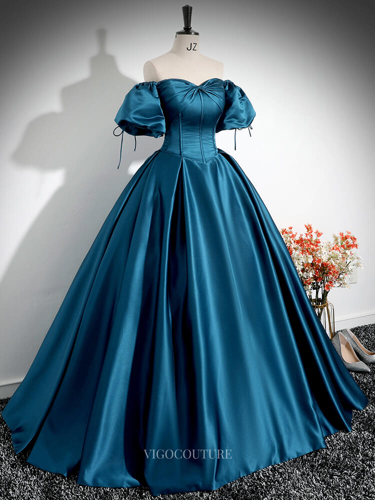 Prom Dresses 2025 to impress Blue Satin Prom Dresses with Puffed Sleeve, Sweetheart Neck, Bow, Quinceanera Dresses BG026-vigocouture-vigocouture