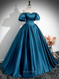 Prom Dresses 2025 to impress Blue Satin Prom Dresses with Puffed Sleeve, Sweetheart Neck, Bow, Quinceanera Dresses BG026-vigocouture-vigocouture