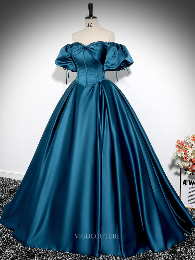 Prom Dresses 2025 to impress Blue Satin Prom Dresses with Puffed Sleeve, Sweetheart Neck, Bow, Quinceanera Dresses BG026-vigocouture-vigocouture