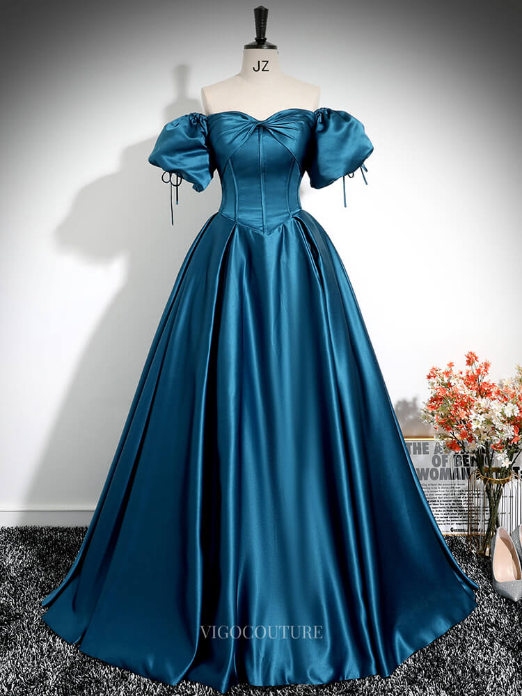 Prom Dresses 2025 to impress Blue Satin Prom Dresses with Puffed Sleeve, Sweetheart Neck, Bow, Quinceanera Dresses BG026-vigocouture-vigocouture