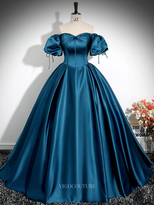 Prom Dresses 2025 to impress Blue Satin Prom Dresses with Puffed Sleeve, Sweetheart Neck, Bow, Quinceanera Dresses BG026-vigocouture-Blue-Custom Size-vigocouture