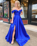 Prom Dress 2025 Blue Satin Prom Dresses with Slit Off the Shoulder Forma Dress 20841-unique elegant Prom Dresses-Blue-US2-vigocouture