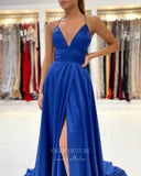 Prom Dress 2025 Blue Satin Prom Dresses With Slit Spaghetti Strap A-Line Evening Dress 21811-unique elegant Prom Dresses-Blue-US2-vigocouture