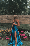 Prom Dress 2025 Blue Satin Prom Dresses with slIT Spaghetti Strap Evening Dress 20923-unique elegant Prom Dresses-Blue-US2-vigocouture