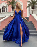 Prom Dress 2025 Blue Satin Prom Dresses with Slit Spaghetti Strap V-Neck Evening Gown 20937-unique elegant Prom Dresses-Blue-US2-vigocouture