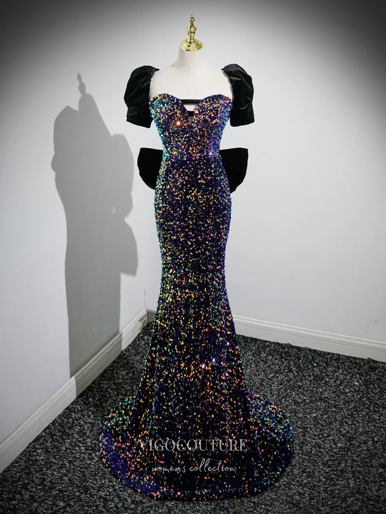 Prom Dress 2025 Blue Sequin Bow Tie Prom Dresses Mermaid Puffed Sleeve Evening Dress 24423-unique elegant Prom Dresses-Blue-Custom Size-vigocouture