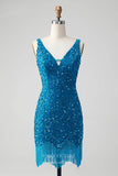 Blue Sequin Homecoming Dresses V-Neck Tassels Bodycon Dress hc353