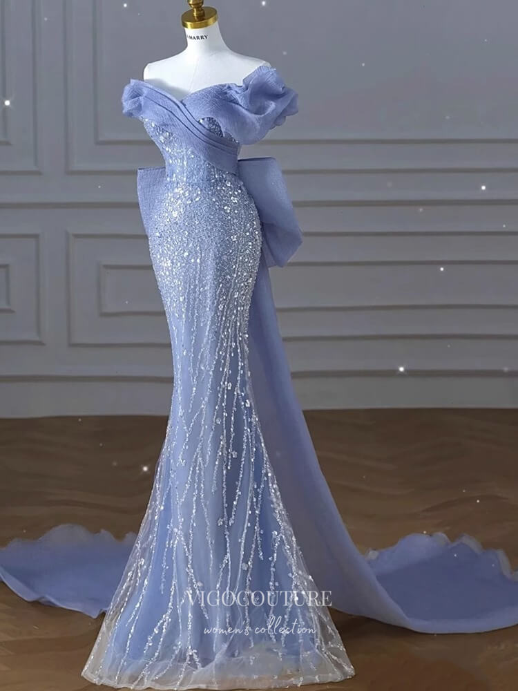 Blue Sequin Lace Mermaid Prom Dresses Puffed Sleeve Bow-Tie 24427 vigocouture Blue Sequin Lace Mermaid Prom Dresses Puffed Sleeve Bow-Tie 24427 vigocouture