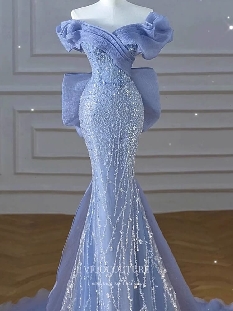 Blue Sequin Lace Mermaid Prom Dresses Puffed Sleeve Bow-Tie 24427 vigocouture Blue Sequin Lace Mermaid Prom Dresses Puffed Sleeve Bow-Tie 24427 vigocouture